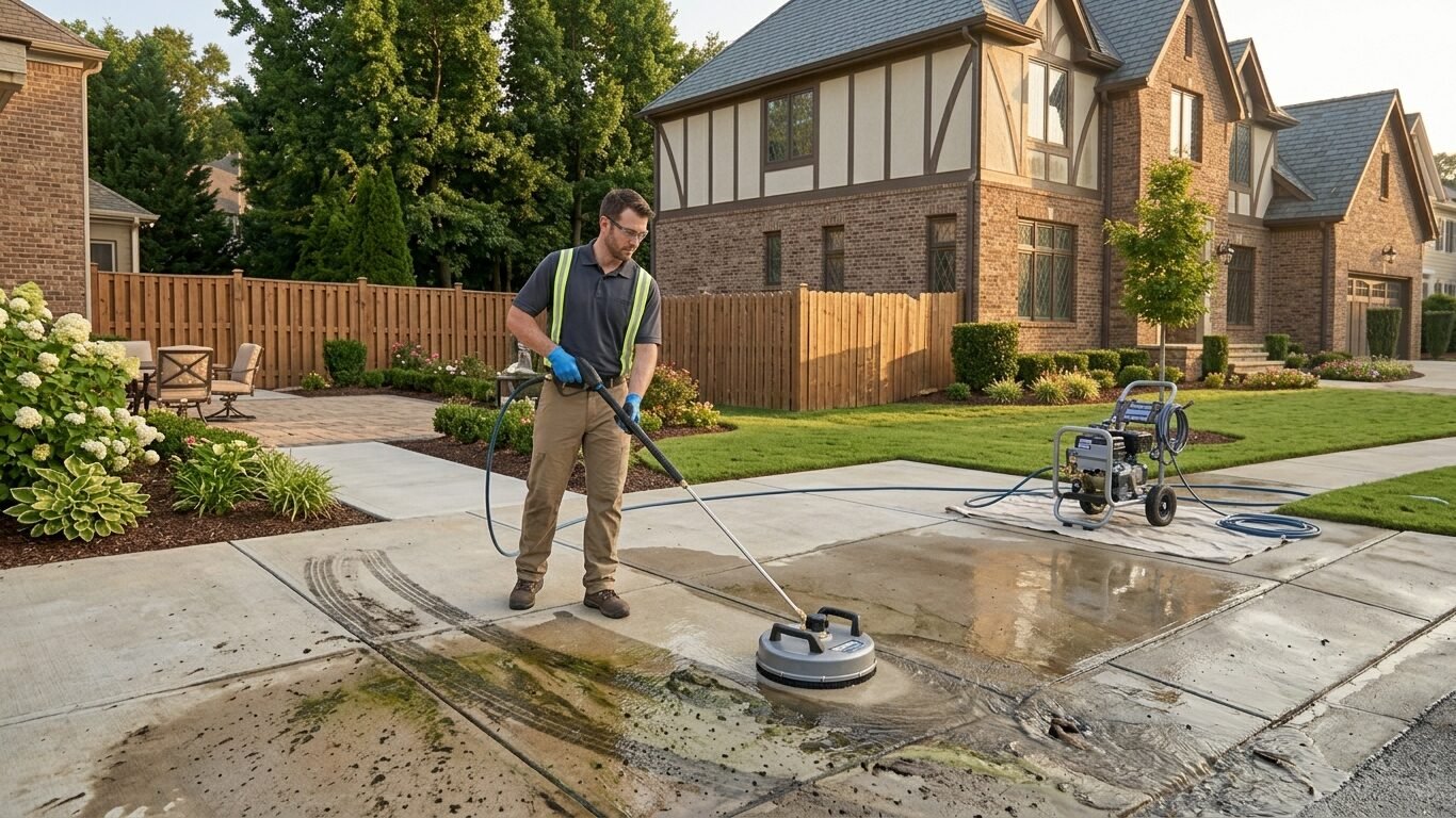 Pressure Washing Services Marietta GA removing dirt, algae, and tire marks from a driveway