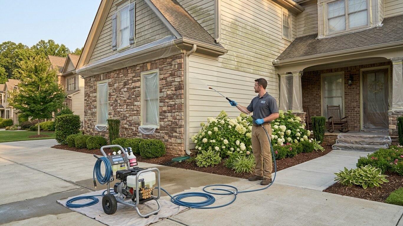 Pressure Washing Services Marietta GA using soft wash cleaning on residential siding