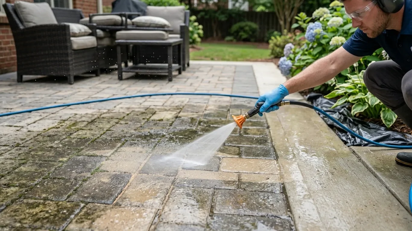 Professional patio pressure washing in Decatur GA with careful paver cleaning
