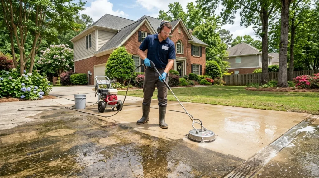 Patio pressure washing in Decatur GA removing dirt, moss, and stains